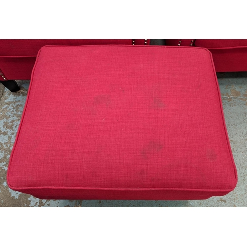 347 - ARMCHAIRS, a pair, each 75cm W x 91cm, red fabric upholstered with studded detail and footstool set.... 