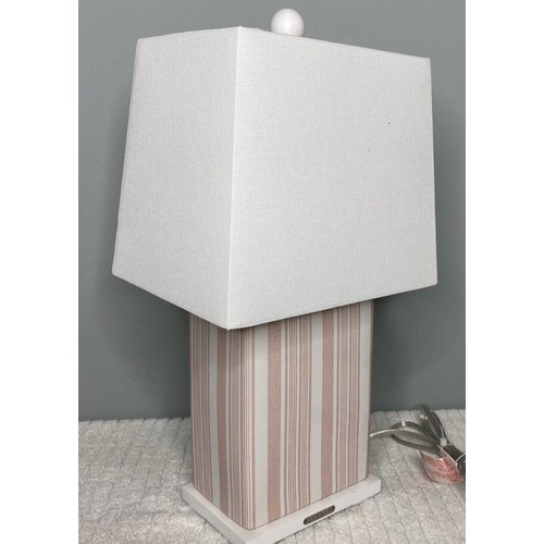 349 - LAUREN RALPH LAUREN HOME TABLE LAMPS, a pair, glazed ceramic with stripe design, with shades, 42.5cm... 