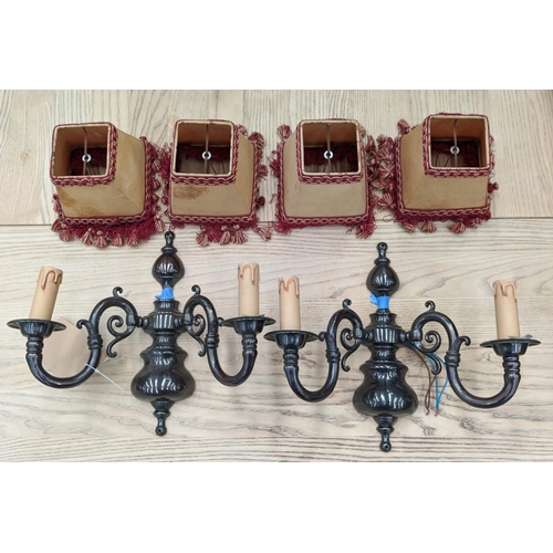 352 - CHRISTOPHER WRAY WALL SCONCES, a pair, each two branch with shades, 45cm x 21cm x 32cm. (2)