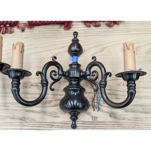 352 - CHRISTOPHER WRAY WALL SCONCES, a pair, each two branch with shades, 45cm x 21cm x 32cm. (2)