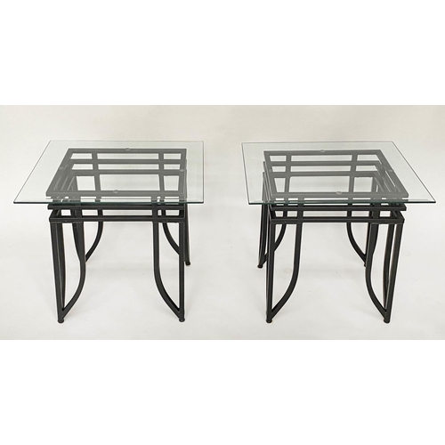 358 - SIDE TABLES, a pair, Art Deco style, rectangular bevelled and chamfered glass on triple stretchered ... 