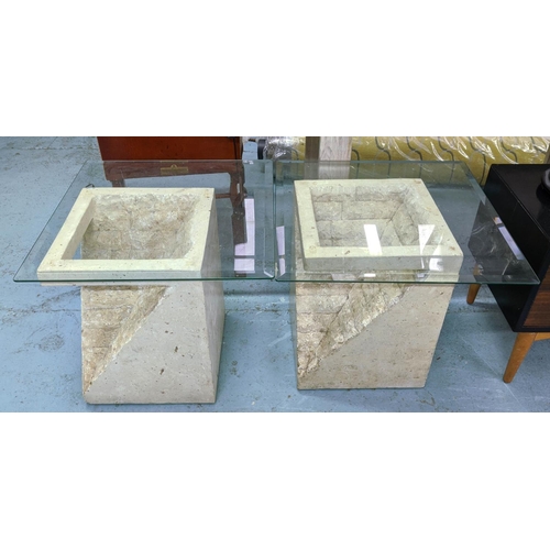 361 - SIDE TABLES, a pair, 60cm x 60cm x 51cm, stone bases with bevelled glass tops. (2)