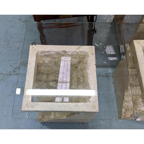 361 - SIDE TABLES, a pair, 60cm x 60cm x 51cm, stone bases with bevelled glass tops. (2)