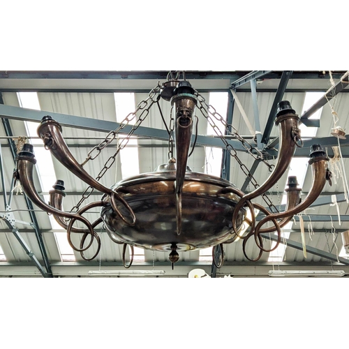 364 - CHANDELIER, ten branch, Empire inspired bronzed metal, lion detail, 74cm drop.