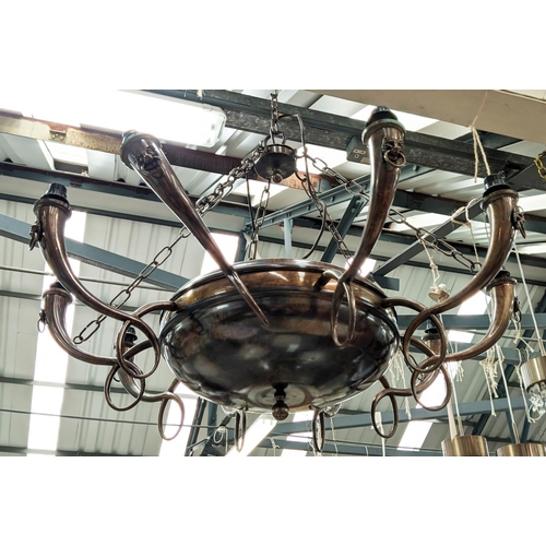 364 - CHANDELIER, ten branch, Empire inspired bronzed metal, lion detail, 74cm drop.