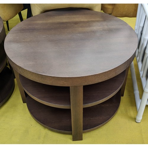 366 - SIDE TABLE, a pair, contemporary, three tier dark wood design, 75cm diam x 52cm H. (2)