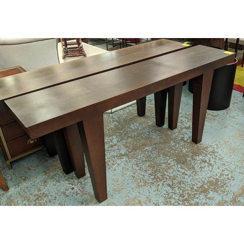 367 - CONSOLE TABLE, contemporary design, dark wood, tapered supports, 184cm x 40cm x 80.5cm.