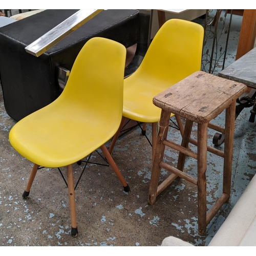 373 - AFTER CHARLES AND RAY EAMES DSW STYLE CHAIRS, a pair, each 47cm wide and a rustic wooden tall stool.... 