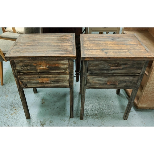 376 - SIDE CHESTS, a pair, 49cm x 39cm x 70cm, aged finish, each with two drawers. (2)