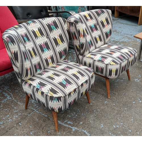 381 - LOUNGE CHAIRS, a pair, 1950s Italian style with patterned upholstery, each 55cm W x 75cm H. (2)