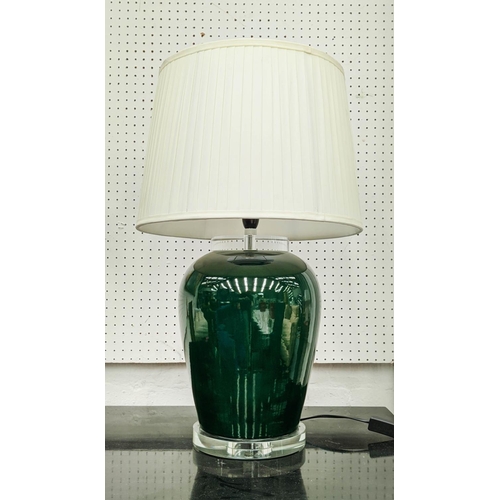 383 - TABLE LAMP, green glass perspex base, 66cm tall overall, including shape.