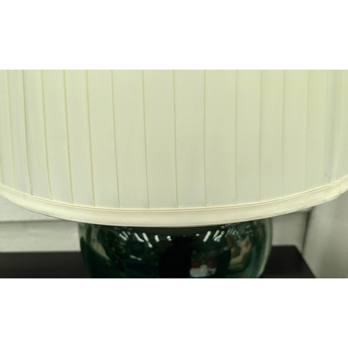 383 - TABLE LAMP, green glass perspex base, 66cm tall overall, including shape.