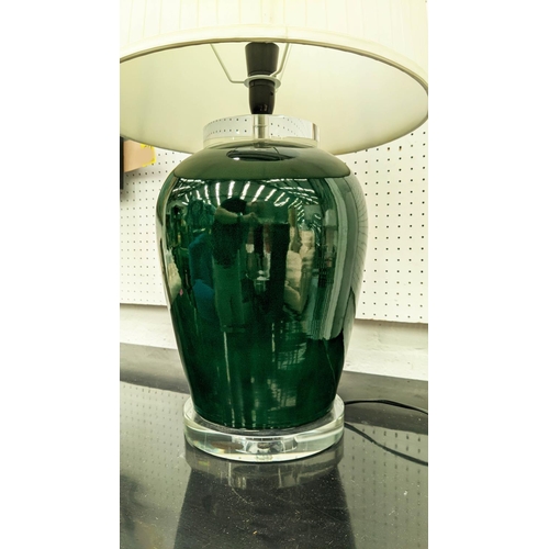 383 - TABLE LAMP, green glass perspex base, 66cm tall overall, including shape.