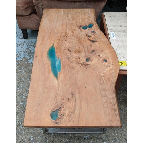 384 - LOW TABLE, 60cm D x 132cm W, live edge top with resin detail.