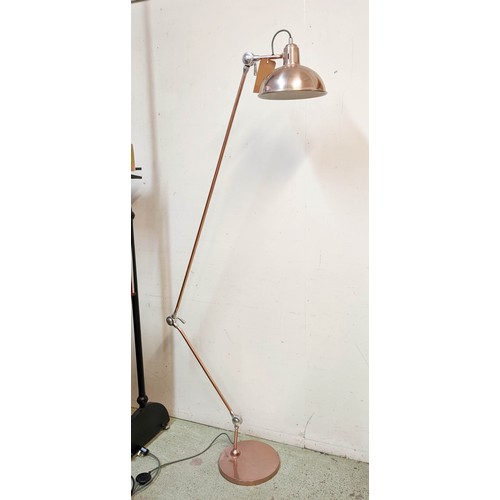 386 - FLOOR LAMP, 163cm H coppered metal articulating design and a small similar lamp, metal 98cm H. (2)