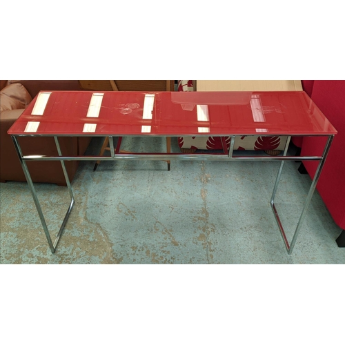 387 - CONSOLE TABLE, red glass top, polished metal base, 130cm W x 42cm D x 49cm H.