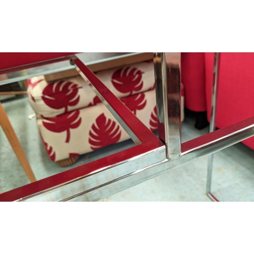 387 - CONSOLE TABLE, red glass top, polished metal base, 130cm W x 42cm D x 49cm H.