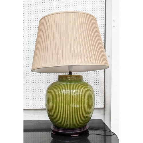 390 - TABLE LAMP, green glazed ceramic, with shade, 72cm H.