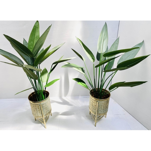 399 - FAUX HOUSE PLANTS, a pair, 130cm high, 120cm diameter, in gilt metal planters. (2)