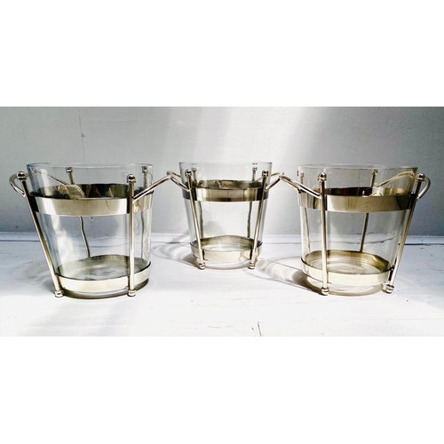 401 - ICE BUCKETS, a set of three, 20cm H x 20cm diam., 25cm including handles, glass and chrome, Bauhaus ... 