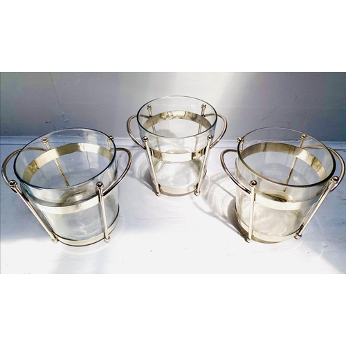 401 - ICE BUCKETS, a set of three, 20cm H x 20cm diam., 25cm including handles, glass and chrome, Bauhaus ... 