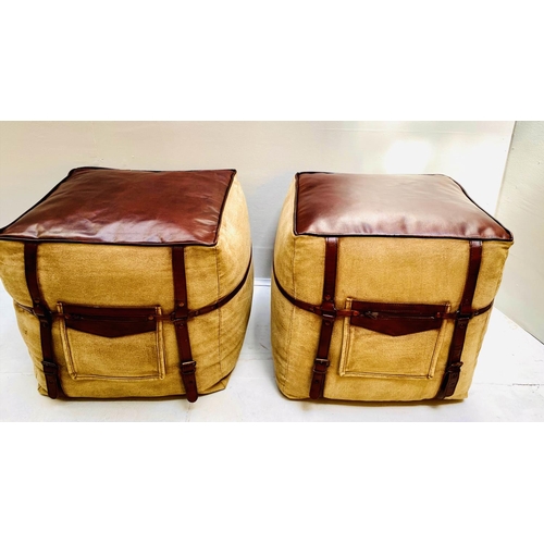 403 - POUFFES, 43cm high, 50cm wide, a pair, square sectioned, tan  leather and fabric. (2)