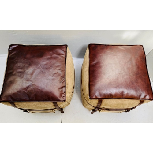 403 - POUFFES, 43cm high, 50cm wide, a pair, square sectioned, tan  leather and fabric. (2)