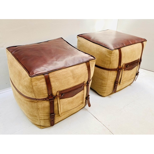 403 - POUFFES, 43cm high, 50cm wide, a pair, square sectioned, tan  leather and fabric. (2)