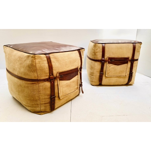 403 - POUFFES, 43cm high, 50cm wide, a pair, square sectioned, tan  leather and fabric. (2)