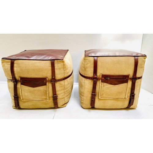 403 - POUFFES, 43cm high, 50cm wide, a pair, square sectioned, tan  leather and fabric. (2)