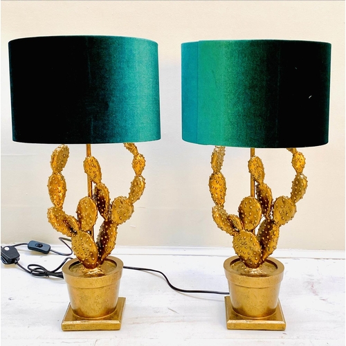 405 - TABLE LAMPS, pair, 60cm high, 30cm diameter, faux potted cactus design, gilt finish, with teal colou... 