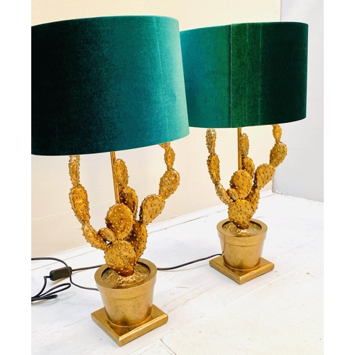 405 - TABLE LAMPS, pair, 60cm high, 30cm diameter, faux potted cactus design, gilt finish, with teal colou... 