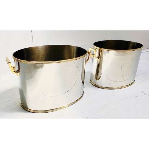 408 - ICE BUCKETS, pair, 22cm high, 33cm wide, 20cm deep, twin-handled, polished metal with gilt detail. (... 