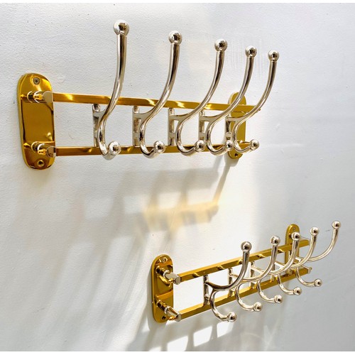 409 - WALL MOUNTED COAT HOOKS, pair, 13cm H x 42cm x 17cm, each with five hooks, polished metal hooks, gil... 