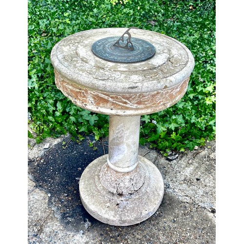 410 - ARCHITECTURAL GARDEN SUN DIAL, 67cm high, 42cm diameter, on composite stone pedestal.