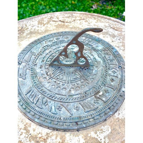 410 - ARCHITECTURAL GARDEN SUN DIAL, 67cm high, 42cm diameter, on composite stone pedestal.