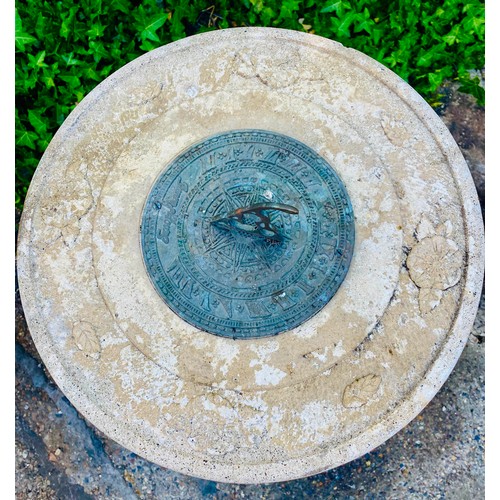 410 - ARCHITECTURAL GARDEN SUN DIAL, 67cm high, 42cm diameter, on composite stone pedestal.