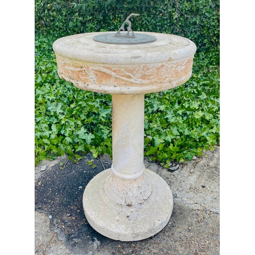 410 - ARCHITECTURAL GARDEN SUN DIAL, 67cm high, 42cm diameter, on composite stone pedestal.