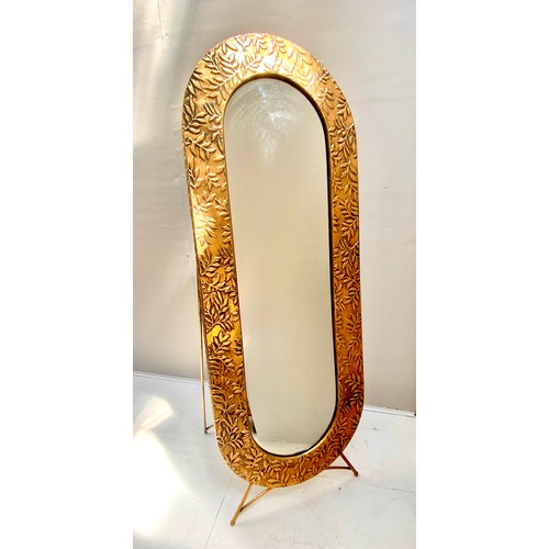 412 - DRESSING MIRROR, 156cm H x 57cm W x 48cm D, gilt metal frame with embossed foliate detail.