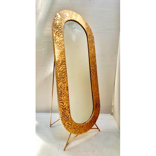 412 - DRESSING MIRROR, 156cm H x 57cm W x 48cm D, gilt metal frame with embossed foliate detail.