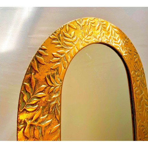 412 - DRESSING MIRROR, 156cm H x 57cm W x 48cm D, gilt metal frame with embossed foliate detail.