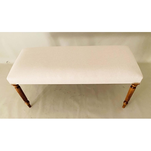 421 - WINDOW SEAT, 48cm high, 96cm wide, 40cm deep, neutral linen upholstered seat, turned legs.