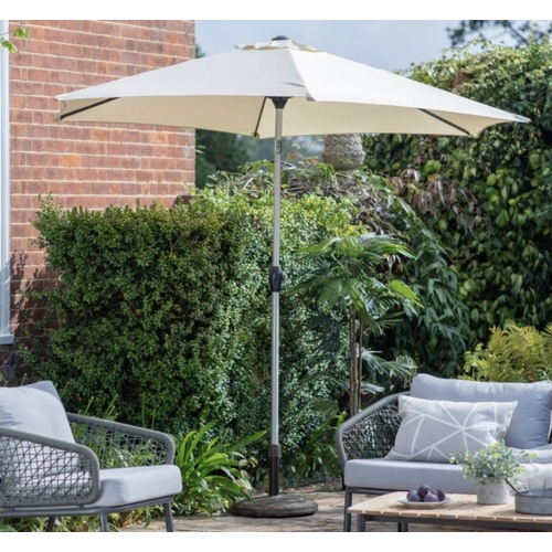 437 - GARDEN PARASOL, white fabric including weighted base, 2700mm W x 2700mm D x 2350mm H.