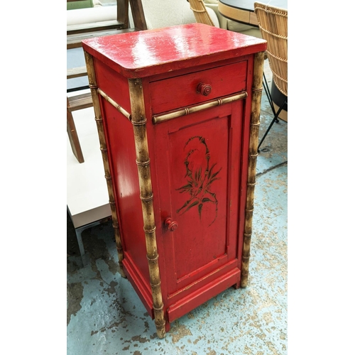 445 - SIDE CABINET, red painted with faux bamboo detail, one drawer above cabinet, 37.5cm x 32cm x 88cm.