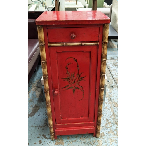 445 - SIDE CABINET, red painted with faux bamboo detail, one drawer above cabinet, 37.5cm x 32cm x 88cm.