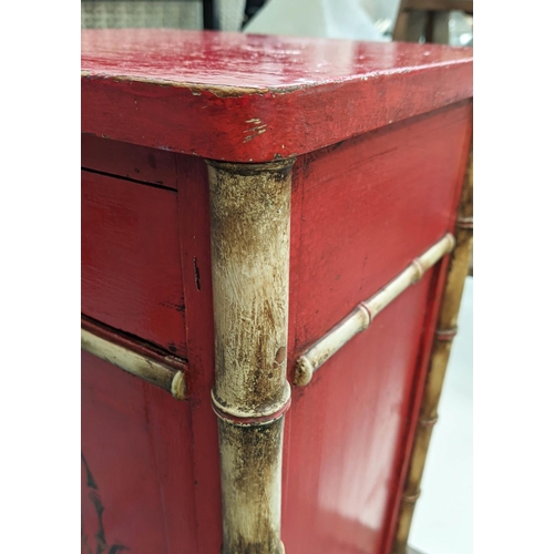 445 - SIDE CABINET, red painted with faux bamboo detail, one drawer above cabinet, 37.5cm x 32cm x 88cm.