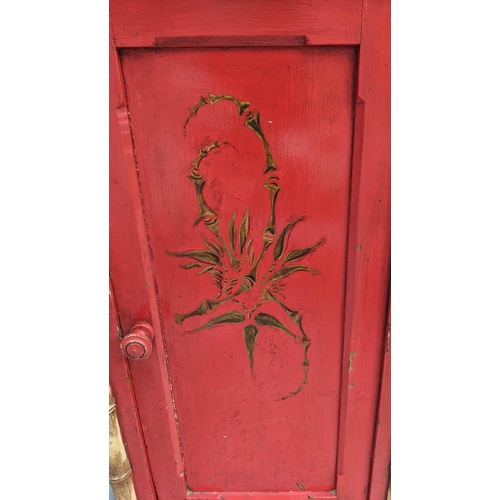 445 - SIDE CABINET, red painted with faux bamboo detail, one drawer above cabinet, 37.5cm x 32cm x 88cm.