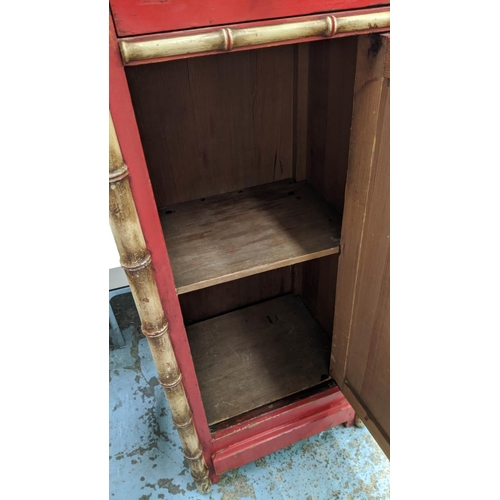 445 - SIDE CABINET, red painted with faux bamboo detail, one drawer above cabinet, 37.5cm x 32cm x 88cm.