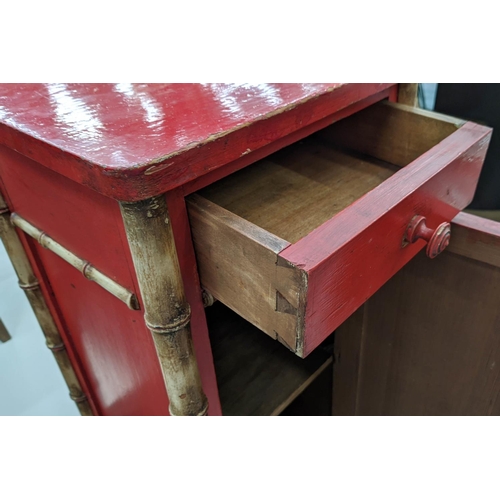 445 - SIDE CABINET, red painted with faux bamboo detail, one drawer above cabinet, 37.5cm x 32cm x 88cm.