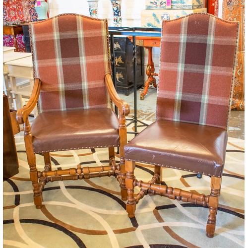 447 - DINING CHAIRS, a set of eight, 17th century style oak including two armchairs in brown check fabric ... 